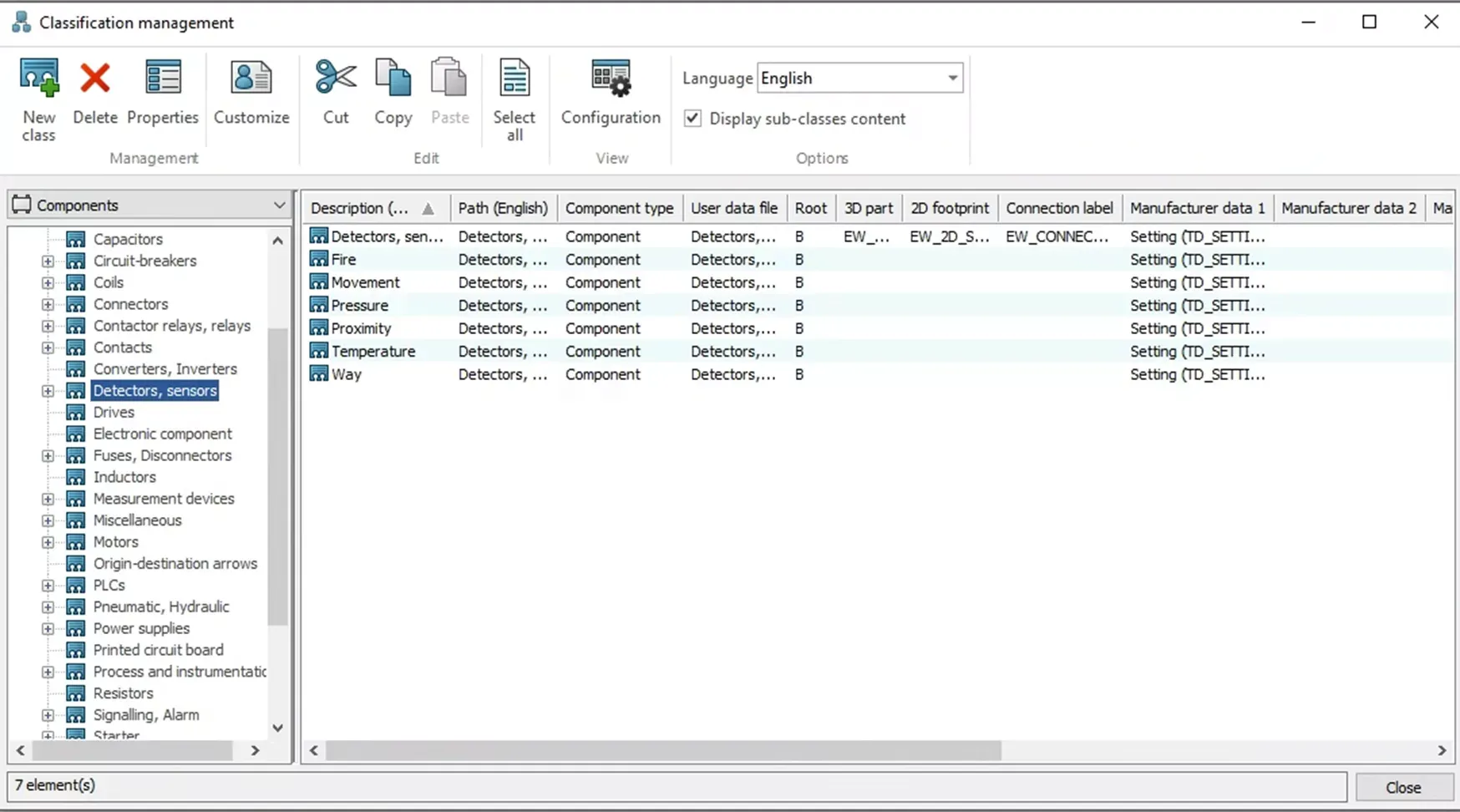 SOLIDWORKS Electrical 检测器、传感器零部件列表示意图