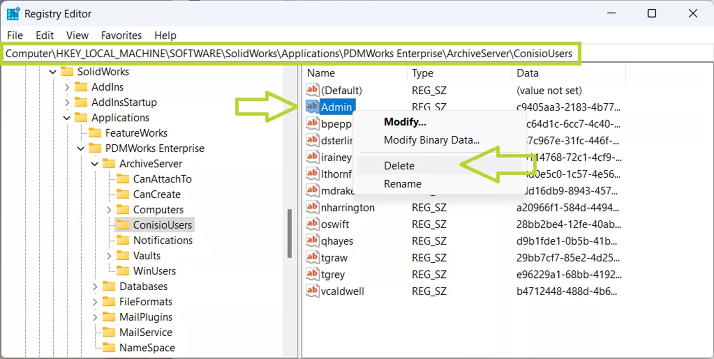 注册表编辑器 SOLIDWORKS PDM 管理员密码重置界面示意图 注册表编辑器 SOLIDWORKS PDM 管理员密码重置界面示意图