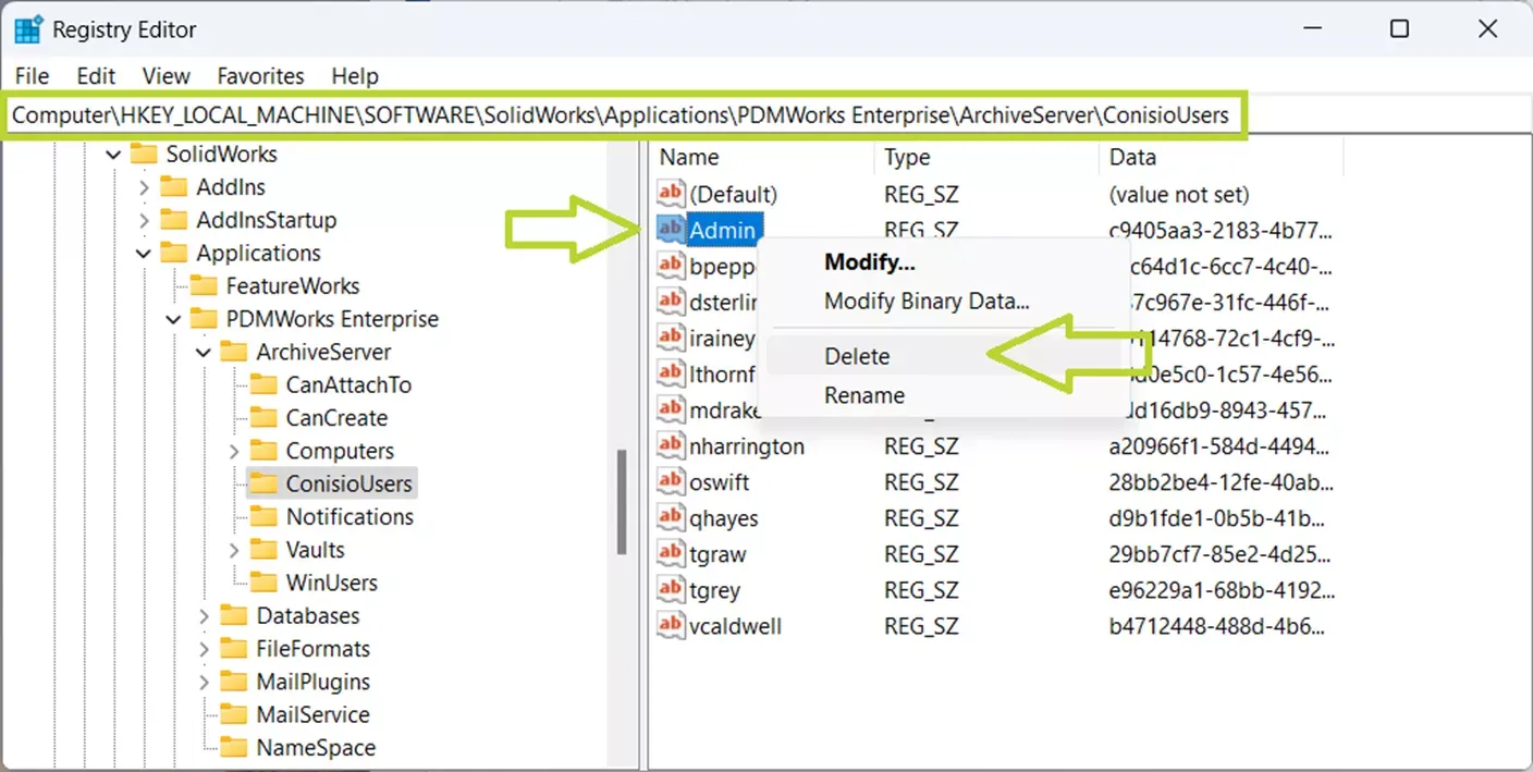 注册表编辑器 SOLIDWORKS PDM 管理员密码重置界面示意图 注册表编辑器 SOLIDWORKS PDM 管理员密码重置界面示意图