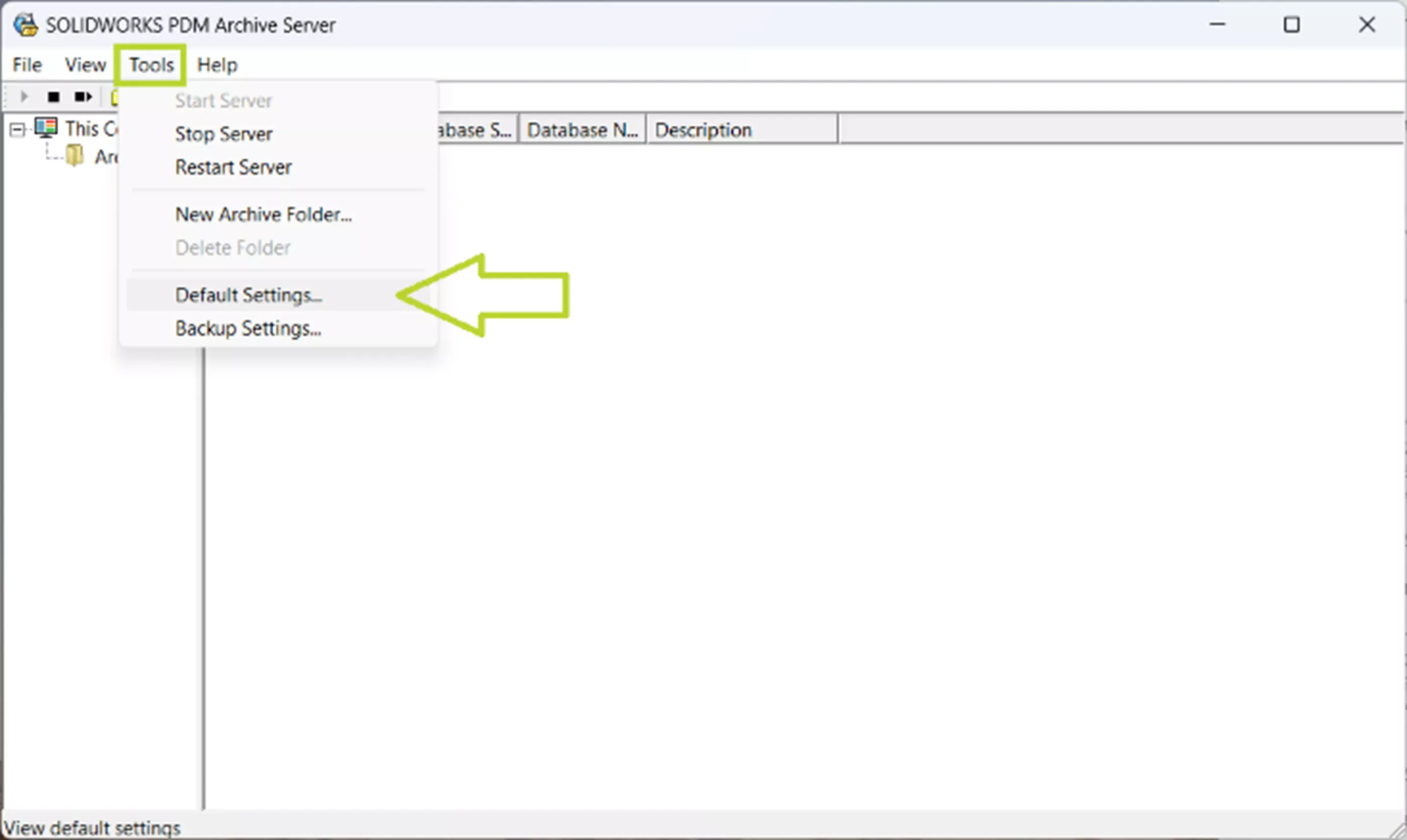 SOLIDWORKS PDM 档案服务器默认设置选项示意图 SOLIDWORKS PDM 档案服务器默认设置选项示意图