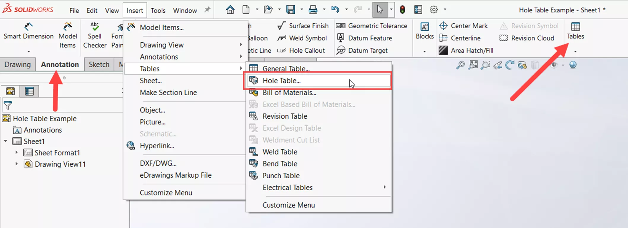 SOLIDWORKS 孔表命令入口示意图 SOLIDWORKS 孔表命令入口示意图