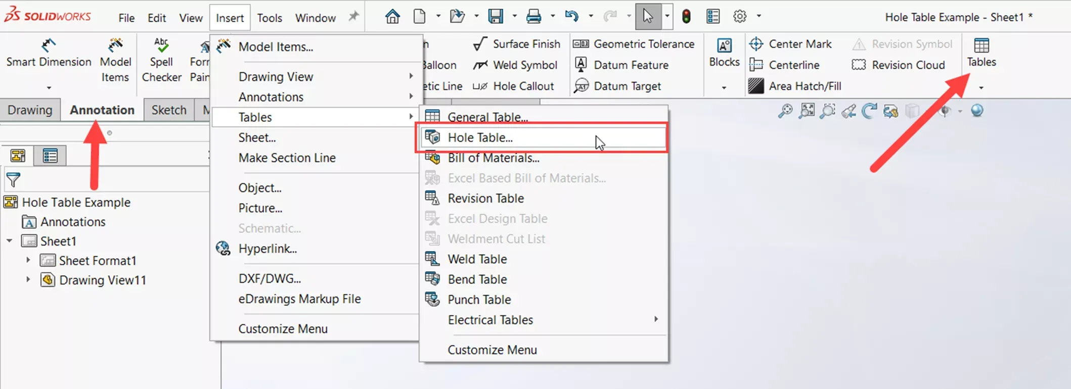 SOLIDWORKS 孔表命令入口示意图 SOLIDWORKS 孔表命令入口示意图