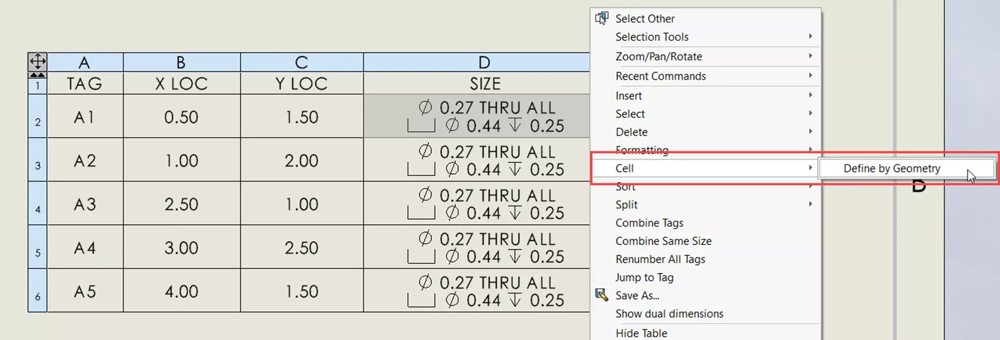 SOLIDWORKS 异形孔向导孔表规格列设置示意图 SOLIDWORKS 异形孔向导孔表规格列设置示意图