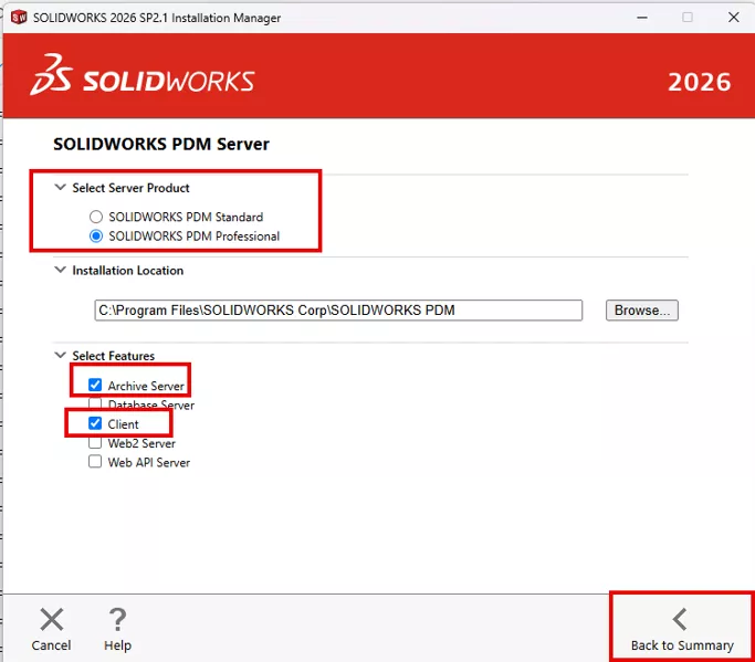SOLIDWORKS 安装管理器服务器产品选择界面