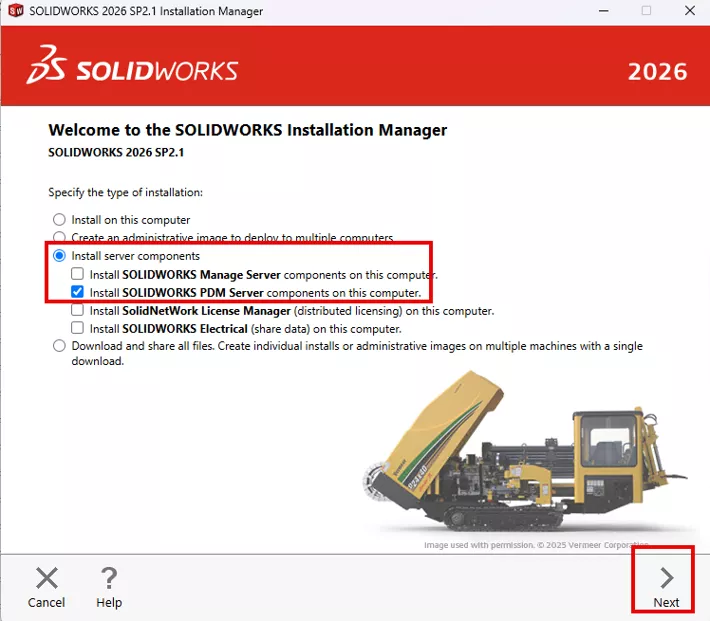 【在此计算机安装 SOLIDWORKS PDM 服务器组件】选项界面