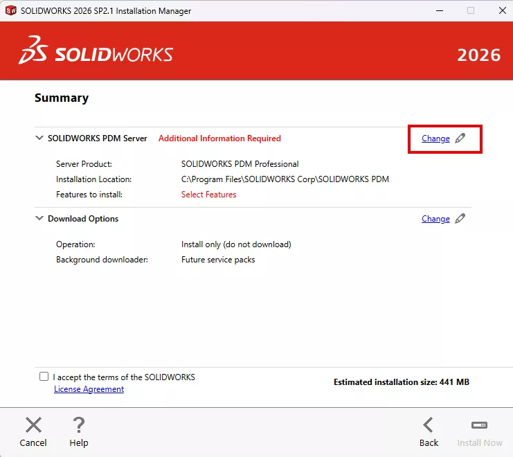 SOLIDWORKS 安装管理器摘要页面