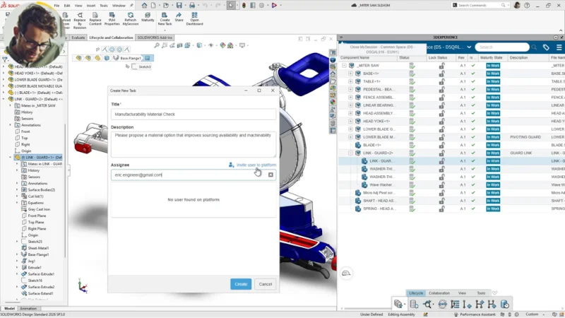 SOLIDWORKS 内新建任务弹窗与平台任务列表界面