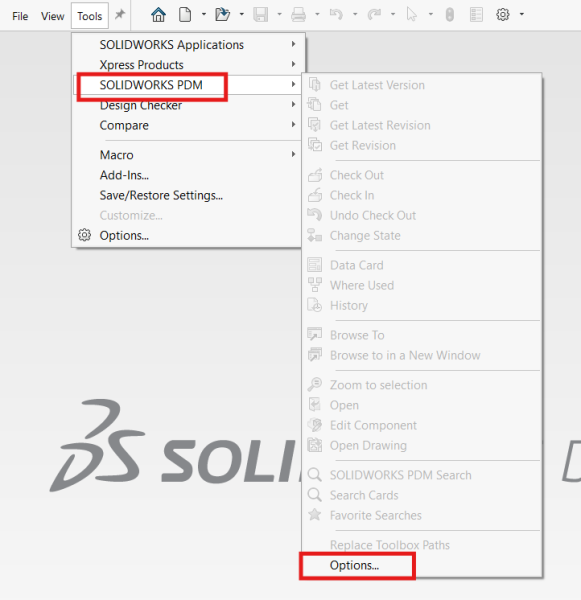 在 SOLIDWORKS 内访问 SOLIDWORKS PDM 设置界面 在 SOLIDWORKS 内访问 SOLIDWORKS PDM 设置界面