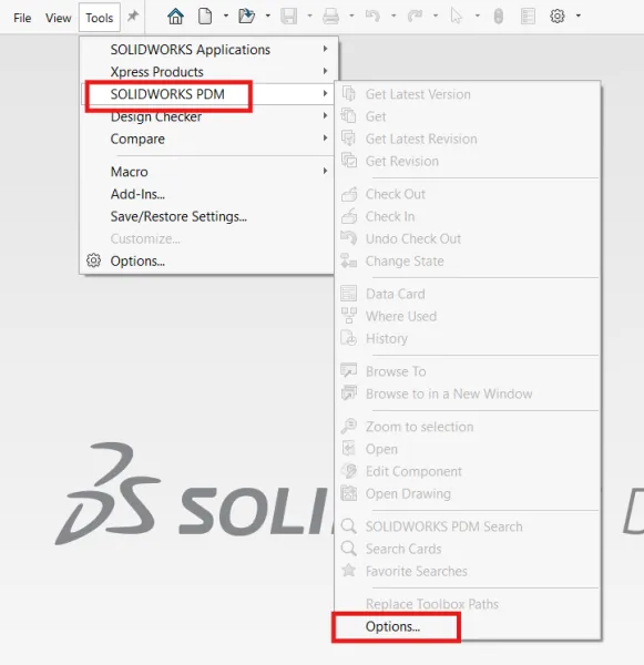 在 SOLIDWORKS 内访问 SOLIDWORKS PDM 设置界面 在 SOLIDWORKS 内访问 SOLIDWORKS PDM 设置界面