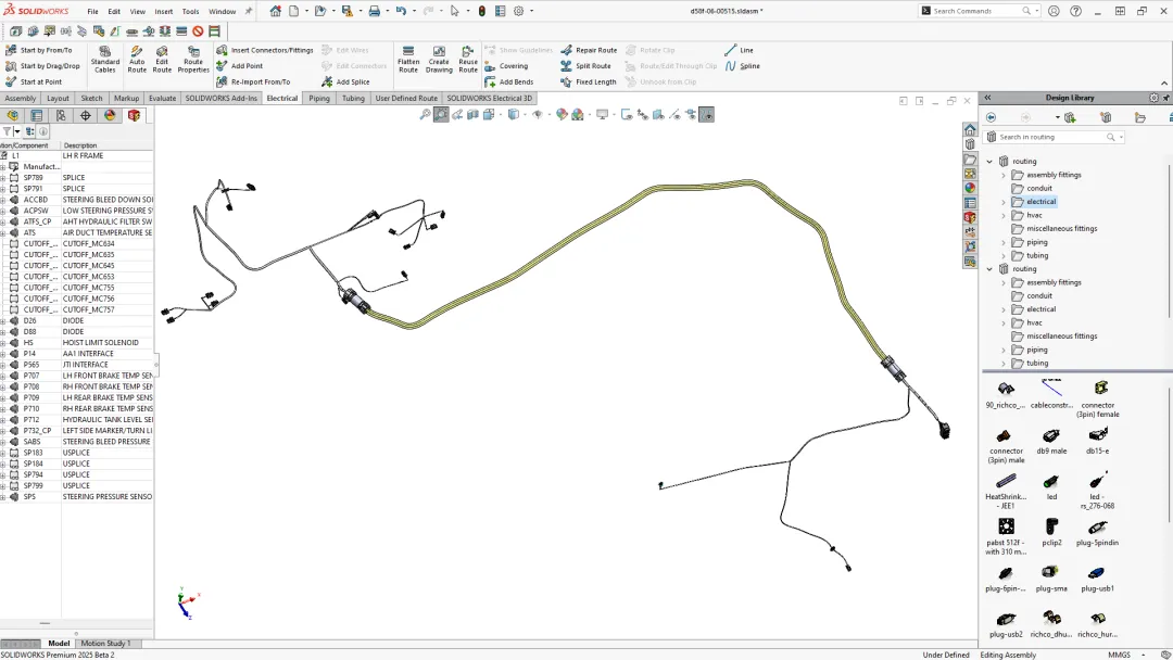 SOLIDWORKS Electrical可支持电气原理图、线缆连接关系与三维装配设计协同。 SOLIDWORKS Electrical可支持电气原理图、线缆连接关系与三维装配设计协同。