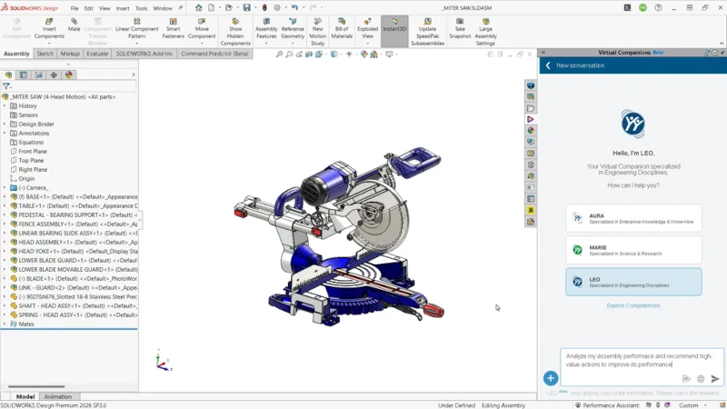SOLIDWORKS AI 依托多款虚拟助手实现交互操作，你可与助手对话，自动化工作流程、缩短设计周期