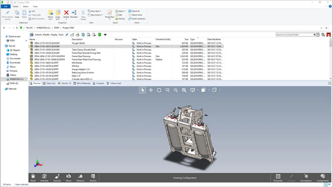 SOLIDWORKS PDM 以受控版本、文件属性与预览信息,帮助设计团队在同一数据来源下协同工作。 SOLIDWORKS PDM 以受控版本、文件属性与预览信息,帮助设计团队在同一数据来源下协同工作。