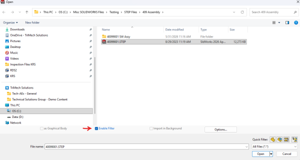 启用SOLIDWORKS STEP过滤器 启用SOLIDWORKS STEP过滤器