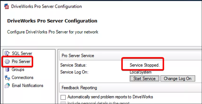 启动 DriveWorks Pro Server，切换至 Pro Server 选项卡