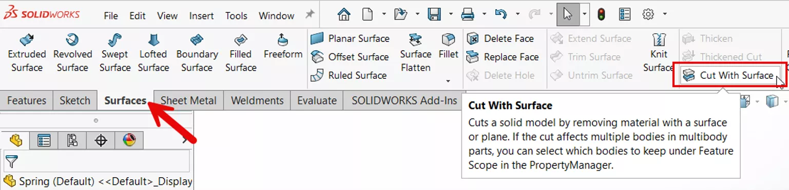 SOLIDWORKS 使用曲面切除命令 SOLIDWORKS 使用曲面切除命令
