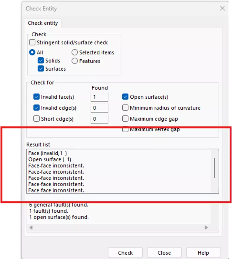 SOLIDWORKS 检查实体结果列表 SOLIDWORKS 检查实体结果列表