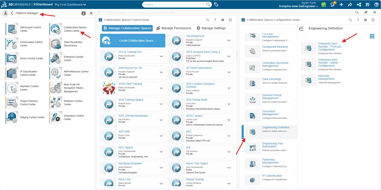 依次进入角色:平台管理员 (Platform Manager) > 协作空间控制中心 (Collaborative Spaces Control Center) > 工程定义 (Engineering Definition)*> 企业物料编号:公式配置 (Enterprise Item Number: Formula Configuration)。 依次进入角色:平台管理员 (Platform Manager) > 协作空间控制中心 (Collaborative Spaces Control Center) > 工程定义 (Engineering Definition)*> 企业物料编号:公式配置 (Enterprise Item Number: Formula Configuration)。