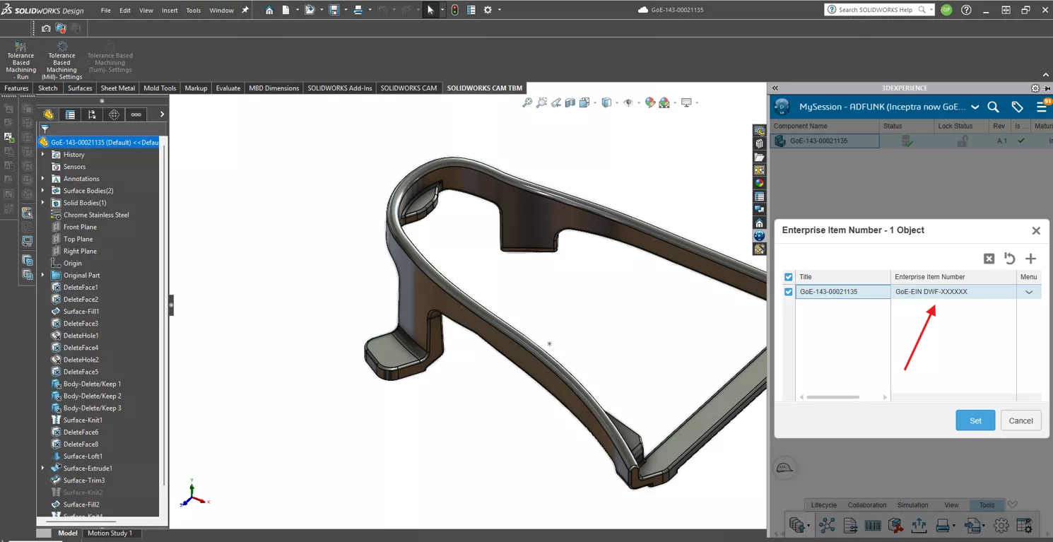 打开 SOLIDWORKS 仪表板,启动 3DEXPERIENCE 面板。点击底部【工具】,选择【设置企业物料编号】。如存在旧值,可右键清除现有输入内容。点击右上角加号,点击【确定】。核对生成的 EIN 无误后,点击【设置】。 打开 SOLIDWORKS 仪表板,启动 3DEXPERIENCE 面板。点击底部【工具】,选择【设置企业物料编号】。如存在旧值,可右键清除现有输入内容。点击右上角加号,点击【确定】。核对生成的 EIN 无误后,点击【设置】。