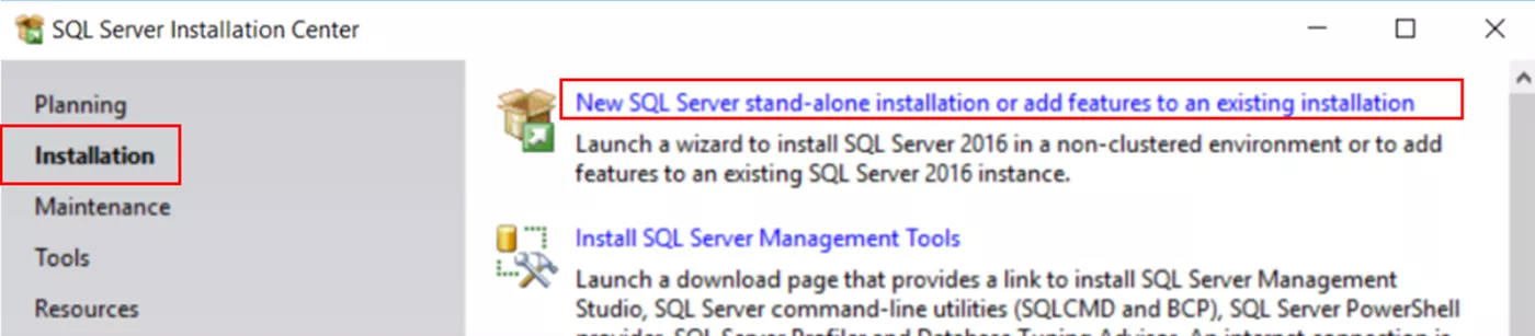 左侧菜单选择【安装】>【全新 SQL Server 独立安装或向现有安装添加功能】 左侧菜单选择【安装】>【全新 SQL Server 独立安装或向现有安装添加功能】
