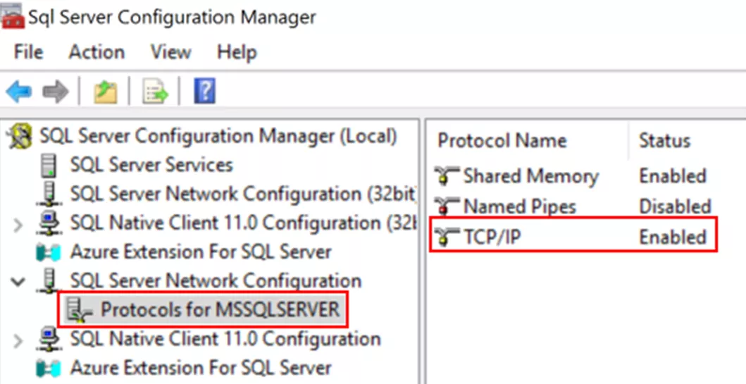 展开【SQL Server 网络配置】,选中【MSSQLSERVER 的协议】 展开【SQL Server 网络配置】,选中【MSSQLSERVER 的协议】
