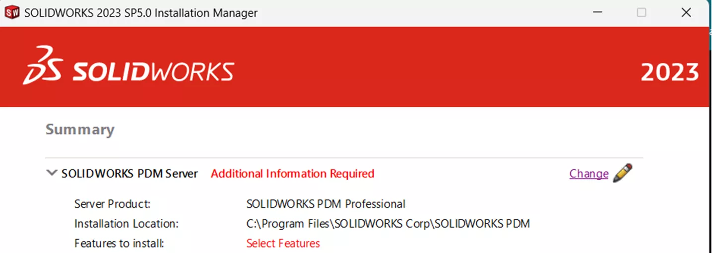 在 SOLIDWORKS PDM 服务器配置项点击【更改】 在 SOLIDWORKS PDM 服务器配置项点击【更改】