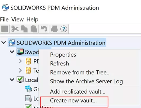 【PDM 管理工具】,在左侧列表右键服务器名称,选择【新建文件库】 【PDM 管理工具】,在左侧列表右键服务器名称,选择【新建文件库】