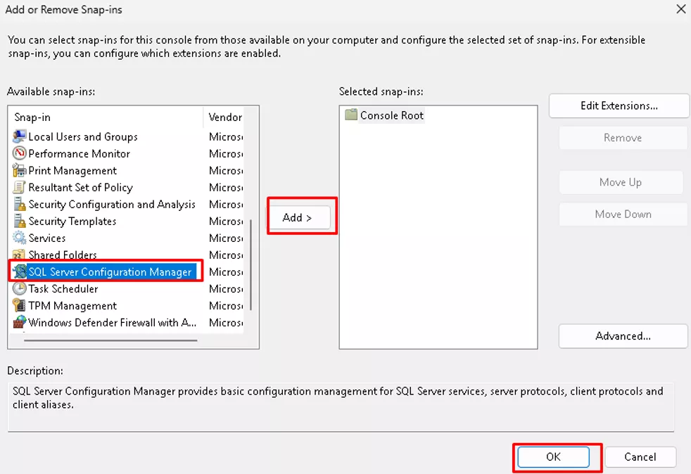 选中【SQL Server 配置管理器】,点击【添加】>【确定】 选中【SQL Server 配置管理器】,点击【添加】>【确定】