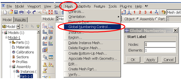 使用 Abaqus/CAE 中的【全局编号控制 (Global Numbering Control)】选项实现单元编号、节点编号偏移（图 9）