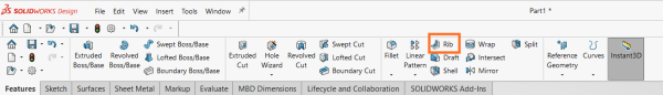 命令管理器中的 SOLIDWORKS 筋命令 命令管理器中的 SOLIDWORKS 筋命令
