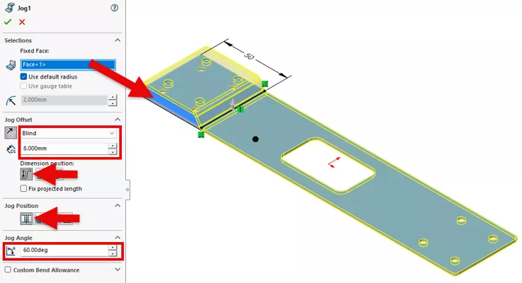 折弯位置设定为折弯中心线，折弯角度输入 60°，点击【确定】完成第一处折弯偏移。