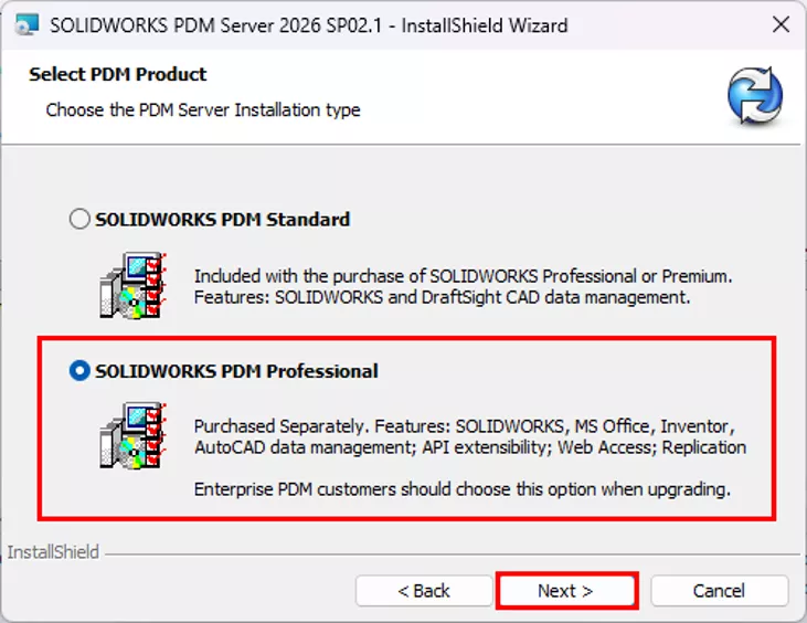 选择 PDM 产品页面,保持选中「SOLIDWORKS PDM Professional」,点击「下一步」 选择 PDM 产品页面,保持选中「SOLIDWORKS PDM Professional」,点击「下一步」