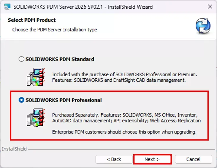 选择 PDM 产品页面,保持选中「SOLIDWORKS PDM Professional」,点击「下一步」 选择 PDM 产品页面,保持选中「SOLIDWORKS PDM Professional」,点击「下一步」