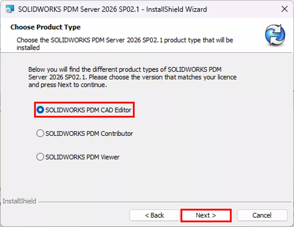 选择产品类型页面,确认选中「SOLIDWORKS PDM CAD 编辑者」,点击「下一步」 选择产品类型页面,确认选中「SOLIDWORKS PDM CAD 编辑者」,点击「下一步」