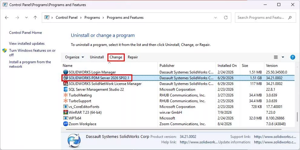 打开 Windows 控制面板,找到「SOLIDWORKS PDM Server 20## SP0#」,点击「更改」 打开 Windows 控制面板,找到「SOLIDWORKS PDM Server 20## SP0#」,点击「更改」