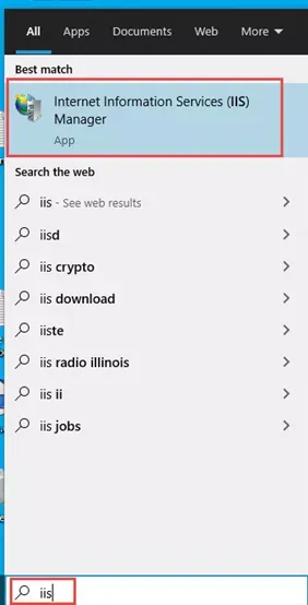 在 Web2 服务器的 Windows 搜索框输入 IIS 在 Web2 服务器的 Windows 搜索框输入 IIS