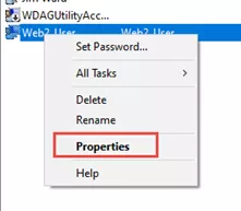 右键列表中的 Web2_User,选择「属性」(或双击用户名) 右键列表中的 Web2_User,选择「属性」(或双击用户名)