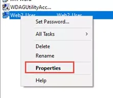 右键列表中的 Web2_User,选择「属性」(或双击用户名) 右键列表中的 Web2_User,选择「属性」(或双击用户名)
