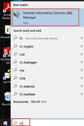Windows 搜索栏输入 IIS,打开「Internet Information Services (IIS) 管理器」 Windows 搜索栏输入 IIS,打开「Internet Information Services (IIS) 管理器」