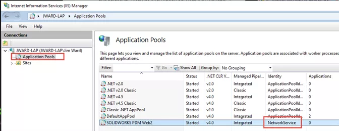 点击左上角「应用程序池」。可以看到 SOLIDWORKS PDM Web2 当前标识为 NetworkService 点击左上角「应用程序池」。可以看到 SOLIDWORKS PDM Web2 当前标识为 NetworkService