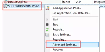 右键「SOLIDWORKS PDM Web2」,选择「高级设置」 右键「SOLIDWORKS PDM Web2」,选择「高级设置」