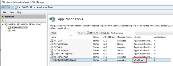 Web2User 成功绑定为 SOLIDWORKS PDM Web2 的应用程序池标识 Web2User 成功绑定为 SOLIDWORKS PDM Web2 的应用程序池标识