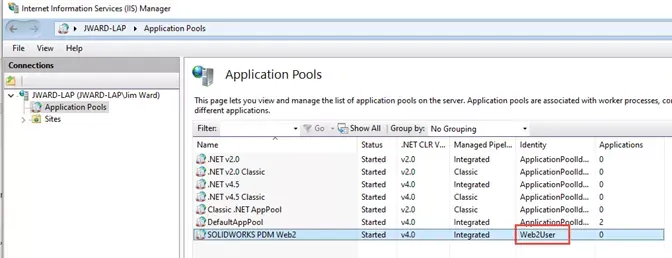 Web2User 成功绑定为 SOLIDWORKS PDM Web2 的应用程序池标识 Web2User 成功绑定为 SOLIDWORKS PDM Web2 的应用程序池标识