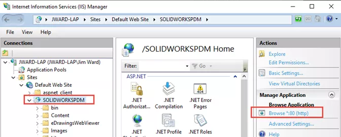 在 IIS 管理器展开「网站」,选中 SOLIDWORKSPDM,在右侧操作栏点击「浏览 *80 (http)」,打开默认站点页面 在 IIS 管理器展开「网站」,选中 SOLIDWORKSPDM,在右侧操作栏点击「浏览 *80 (http)」,打开默认站点页面