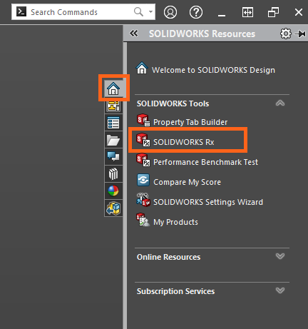 从任务窗格启动 SOLIDWORKS Rx。 从任务窗格启动 SOLIDWORKS Rx。
