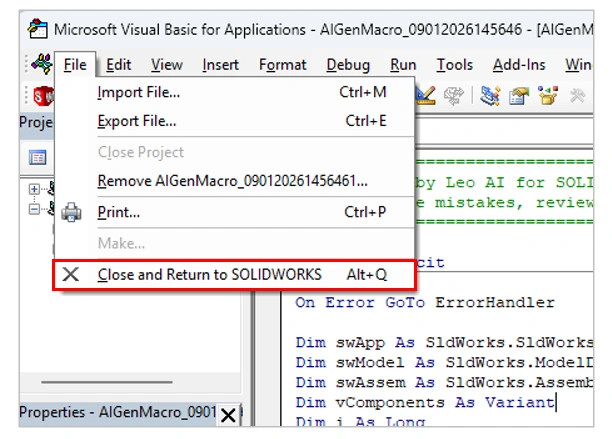 通过【文件】→【关闭】退出 VBA 编辑器,返回 SOLIDWORKS 通过【文件】→【关闭】退出 VBA 编辑器,返回 SOLIDWORKS