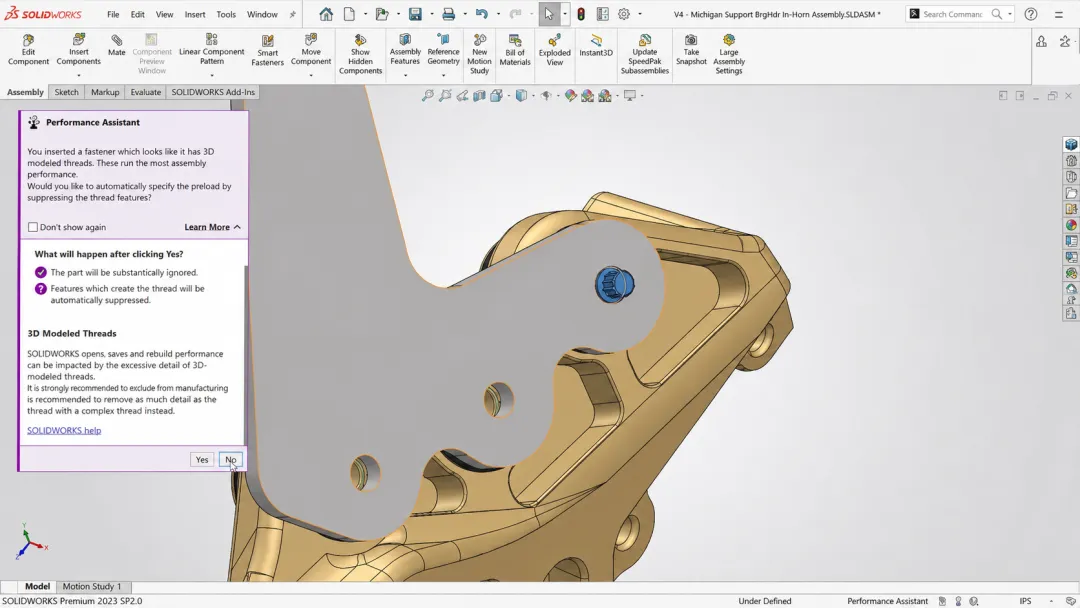 通过自动给出 3D 螺纹简化建议提升装配体性能。 通过自动给出 3D 螺纹简化建议提升装配体性能。