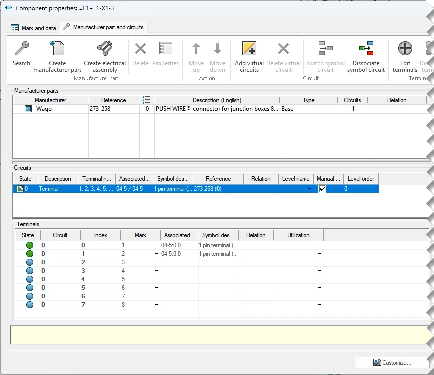 SOLIDWORKS Electrical为了更加精准体现符号与零件之间的映射关系，视图不再局限于零件回路与符号回路层级，现在可以下探至零件引脚与符号引脚层级。