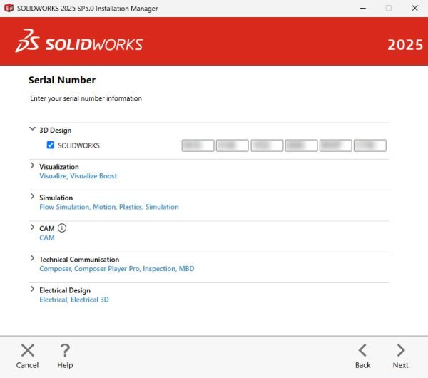 SOLIDWORKS 安装管理器序列号页面 SOLIDWORKS 安装管理器序列号页面
