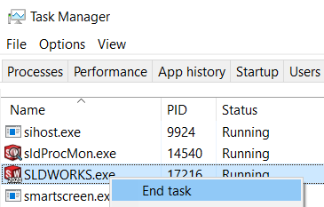 结束 SLDWORKS.exe 进程