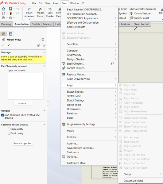 SOLIDWORKS 工程图中的对齐选项 SOLIDWORKS 工程图中的对齐选项